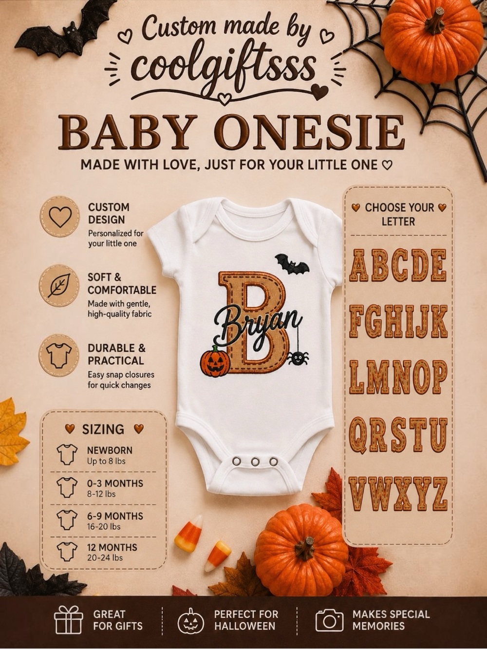 Toddler Halloween Monogram Name Onesie White Personalized faux embroidery new